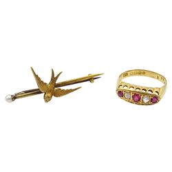 Early 20th century 18ct gold five stone ruby and rose cut diamond ring, Birmingham 1919 and a gold pearl swallow brooch