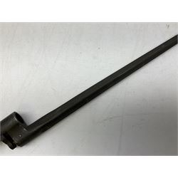 British Pattern 1876 socket bayonet with 43cm steel triangular blade L52cm overall; another socket bayonet with cruciform blade; No.4 Mk.II spike bayonet in metal scabbard with webbing frog; and 1955 Army jack knife by J.H. Thompson Sheffield (4)