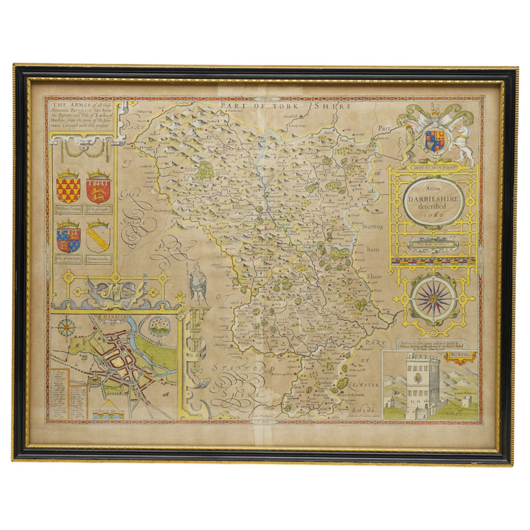 John Speed (British 1552-1629): 'Anno Darbieshire described', 17th century engraved map with hand-colouring of Derbyshire with inset plans of Derby and Buxton 42cm x 54cm