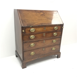 19th century mahogany bureau, fall front enclosing fitted interior, four drawers, shaped bracket supports, W96cm, H109cm, D52cm