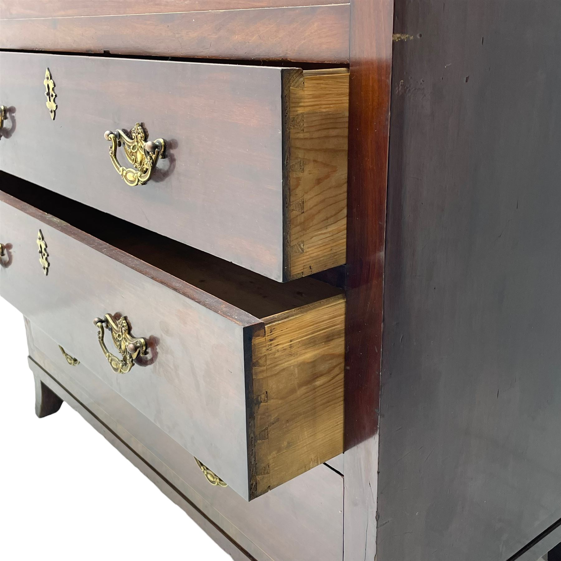 Early to mid-19th century figured mahogany Continental secrétaire à abattant, stepped top fitted with single cupboard, inlaid with oval figured amboyna panels, the fall front inlaid with shell motif enclosing a satinwood interior fitted with cupboard, drawers, and pigeon holes, three long drawers below, on square tapering feet