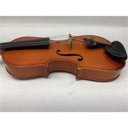 Four student violins - two Chinese three-quarter size with 33.5cm and 34cm two-piece backs; Stringers of Edinburgh quarter size with 28cm two-piece back; and Stentor quarter size with 28cm two-piece back; each in carrying case (4)