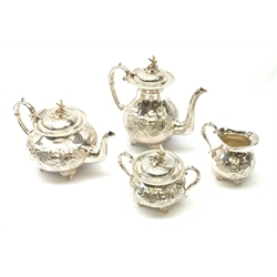 A John Turton silver plated tea set, comprising tea pot, hot water pot, milk jug, and twin handled sucrier and cover, with foliate chased decorated and bird finials, each with marks beneath, teapot H16.5cm. 