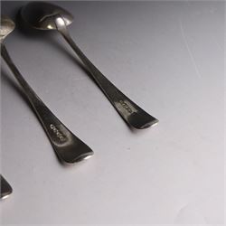 Three George III silver Old English pattern spoons, comprising table spoon with engraved monogram to terminal, hallmarked Thomas Wilkes Barker, London 1806, another table spoon hallmarked London 1806, and a Scottish silver dessert spoon hallmarked James Orr, Edinburgh 1805