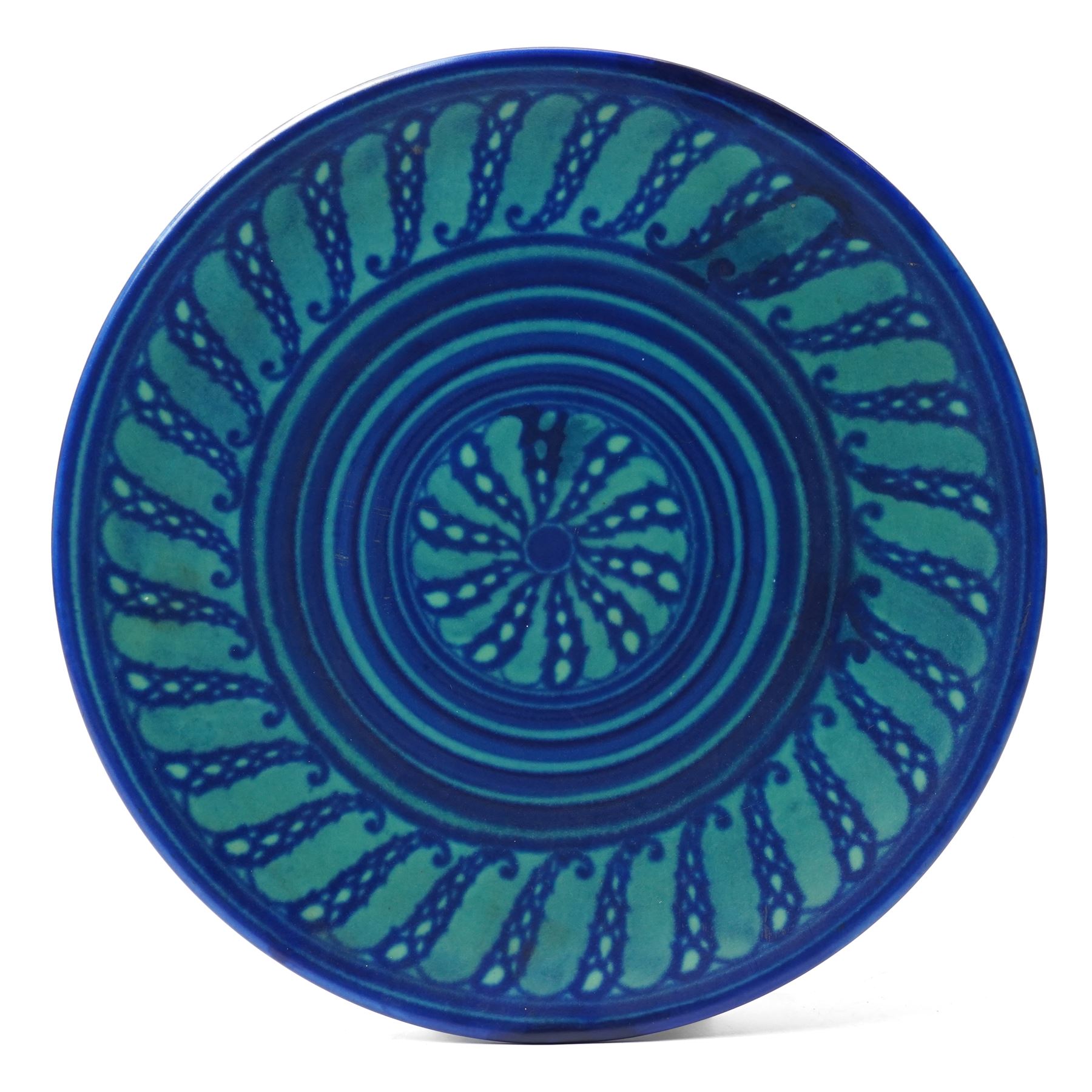 Royal Doulton charger, c1920s, designed by Reco Capey, with scrolling feather decoration, printed and painted marks to base D34cm 
