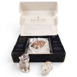 Three Royal Crown Derby paperweights, comprising Seated cat, Rabbit and Sleeping cat, all ...