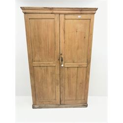 19th century housekeeping cupboard, projecting cornice above two panelled doors, plinth base