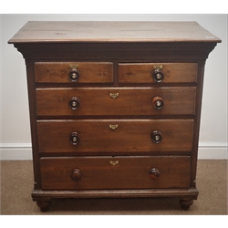  George III oak chest, two short and three long drawers, turned supports, W102cm, H100cm, D58cm  