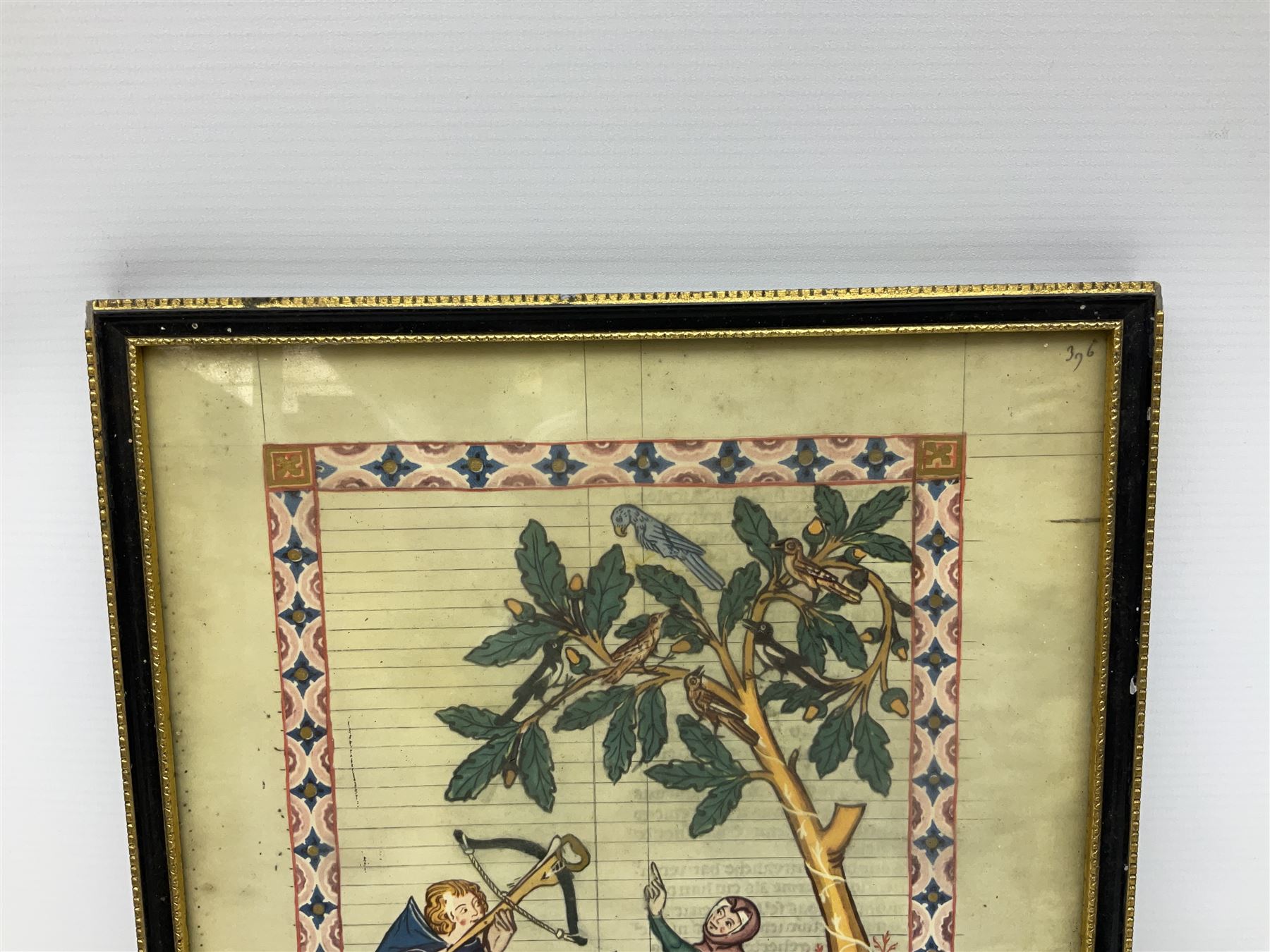 German School (14th century): 'Bruno von Hornberg' and 'Kol von Nüssen', pair prints of illuminated portraits from the 'Codex Manesse' together with print of 17th century Church writing