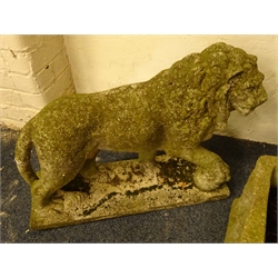  Stone model of Lion with paw on ball, plinth base (W72cm, H56cm, D24cm) and a pentagonal shaped composite stone planter (W46cm, H29cm)  