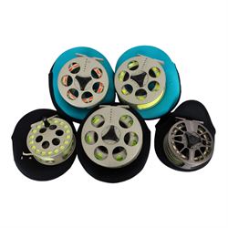 Five Lamson Litespeed fly reels, comprising LS4, two LS2, two LS3.5, all within Lamson soft pouches