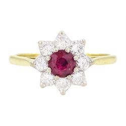 Gold ruby and diamond cluster ring, round cut ruby of approx 0.25 carat, surrounded by eig...
