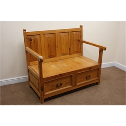  Waxed pine Monks bench, four panel back, solid seat, two drawers, stile supports, W128cm  