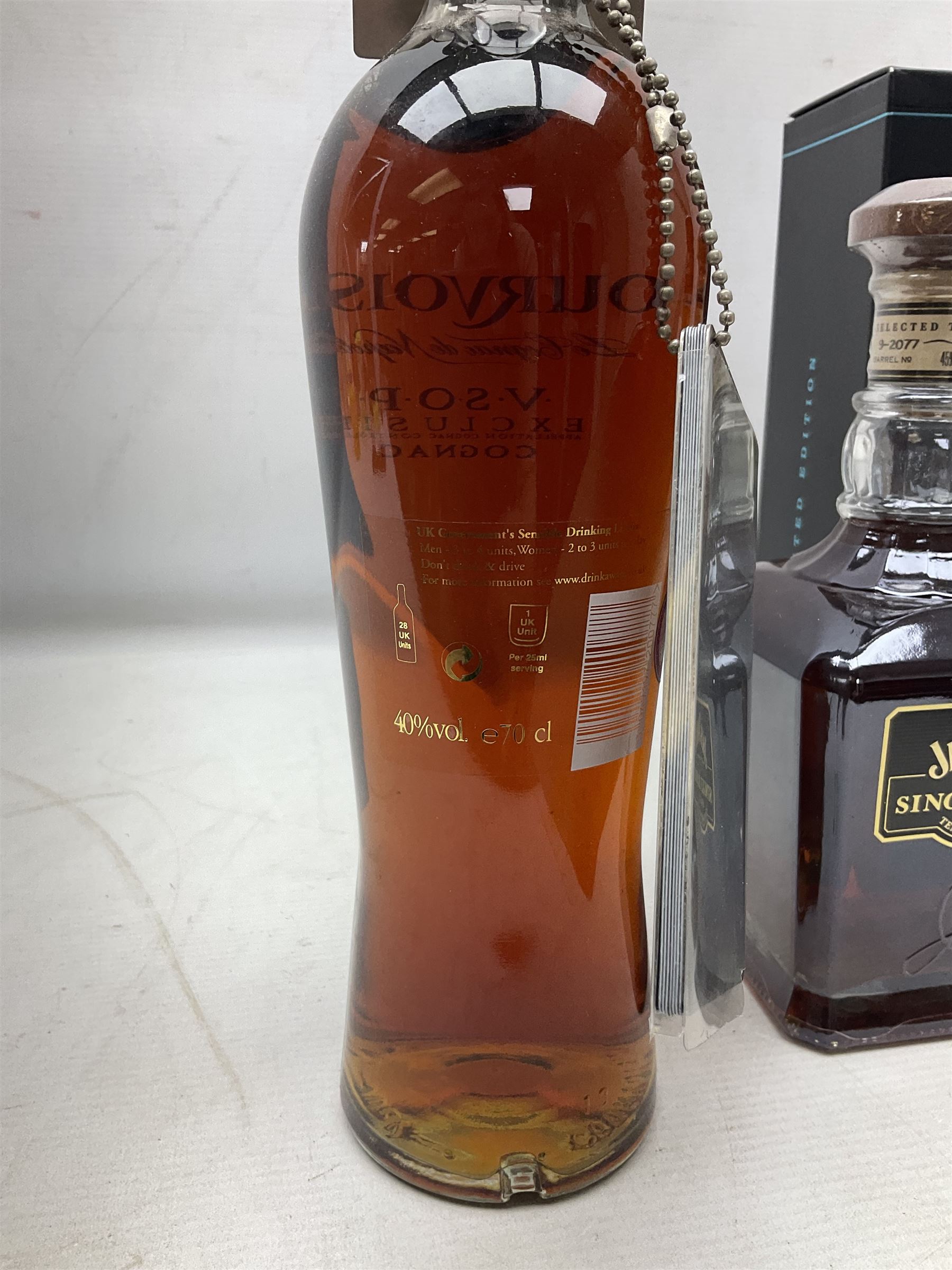 Jack Daniels, single barrel Tennessee whisky, 700ml, 45% vol, Jack Daniels, Tennessee whiskey master distiller series No.4, 700ml, 43% vol, and Courvoisier VSOP cognac, 70cl, 40% vol (3)
