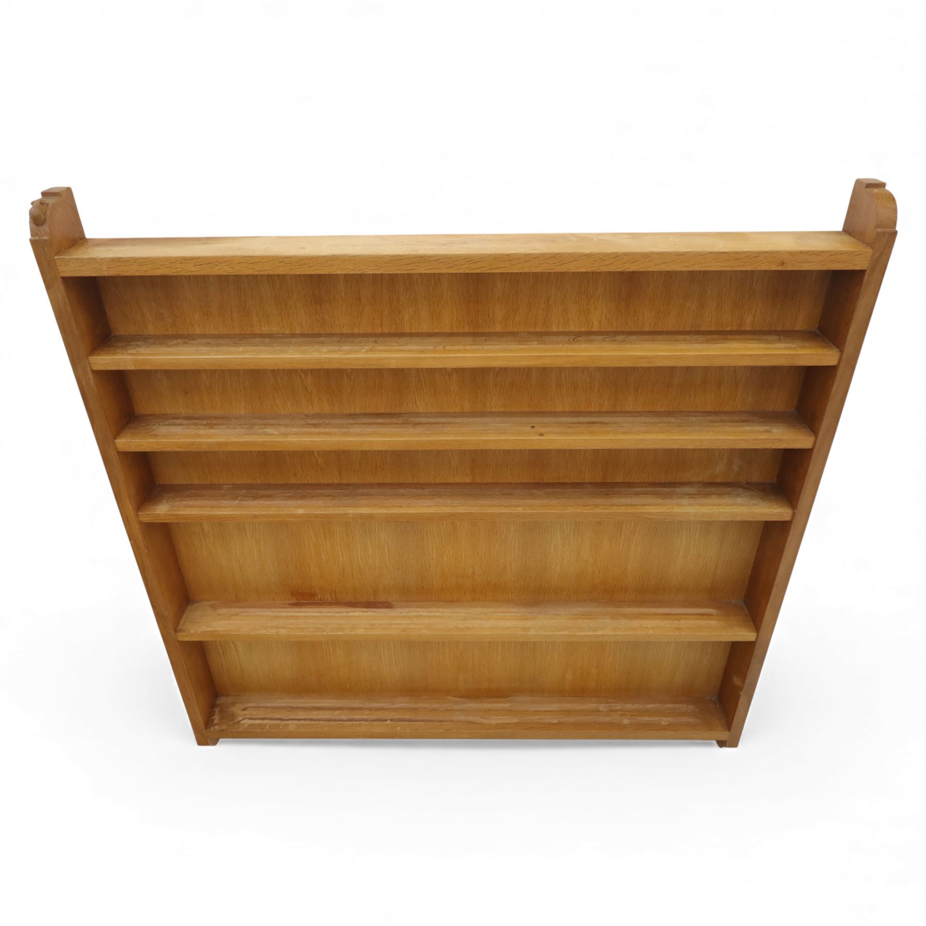 Mouseman - oak plate rack, with five shelves each with twin grooves, wall mountable, with signature mouse carving by Robert Thompson of Kilburn