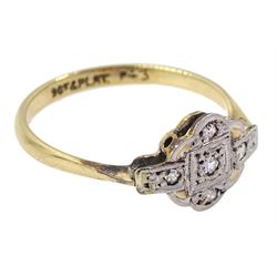 Art deco gold and platinum milgrain set diamond ring, stamped 9ct & Plat