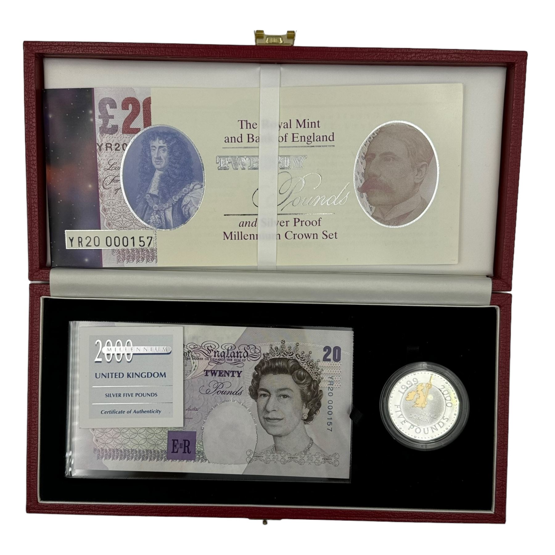 Three The Royal Mint and Bank of England silver proof five pound coin and banknote sets, comprising Kentfield ten pounds 'PW50' with 1998 five pound coin, Kentfield twenty pounds 'YR19' with 2000 five pound coin and Lowther twenty pounds 'YR20' with 2000 five pound coin, all cased with certificate