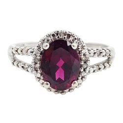 9ct white gold oval rubellite tourmaline ring, with diamond set shoulders, hallmarked