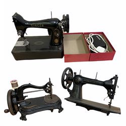 Victorian cast iron sewing machine with gilt decoration, L40cm, Singer 99K sewing machine with foot pedal, and a 19th/ early 20th century Bradbury & Co. Ltd sewing machine head (3)