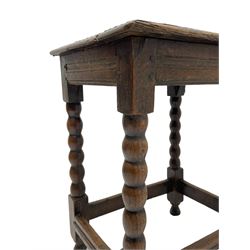 18th century oak joint coffin stool, moulded rectangular top over moulded frieze rails, raised on bobbin turned supports joined by moulded stretchers