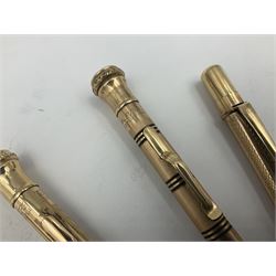 Five gold filled Wahl Eversharp propelling pencils, together with a silver propelling pencil, hallmarked London 1946, J.M.Co Johnson, Matthey & Co, and two further gold filled propelling pencils, one with box, largest L13cm (8)
