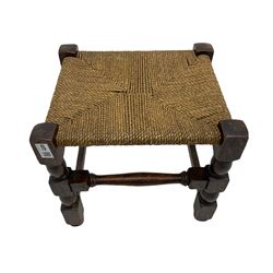 Mid 20th century oak blanket box and Oak rush seat stool