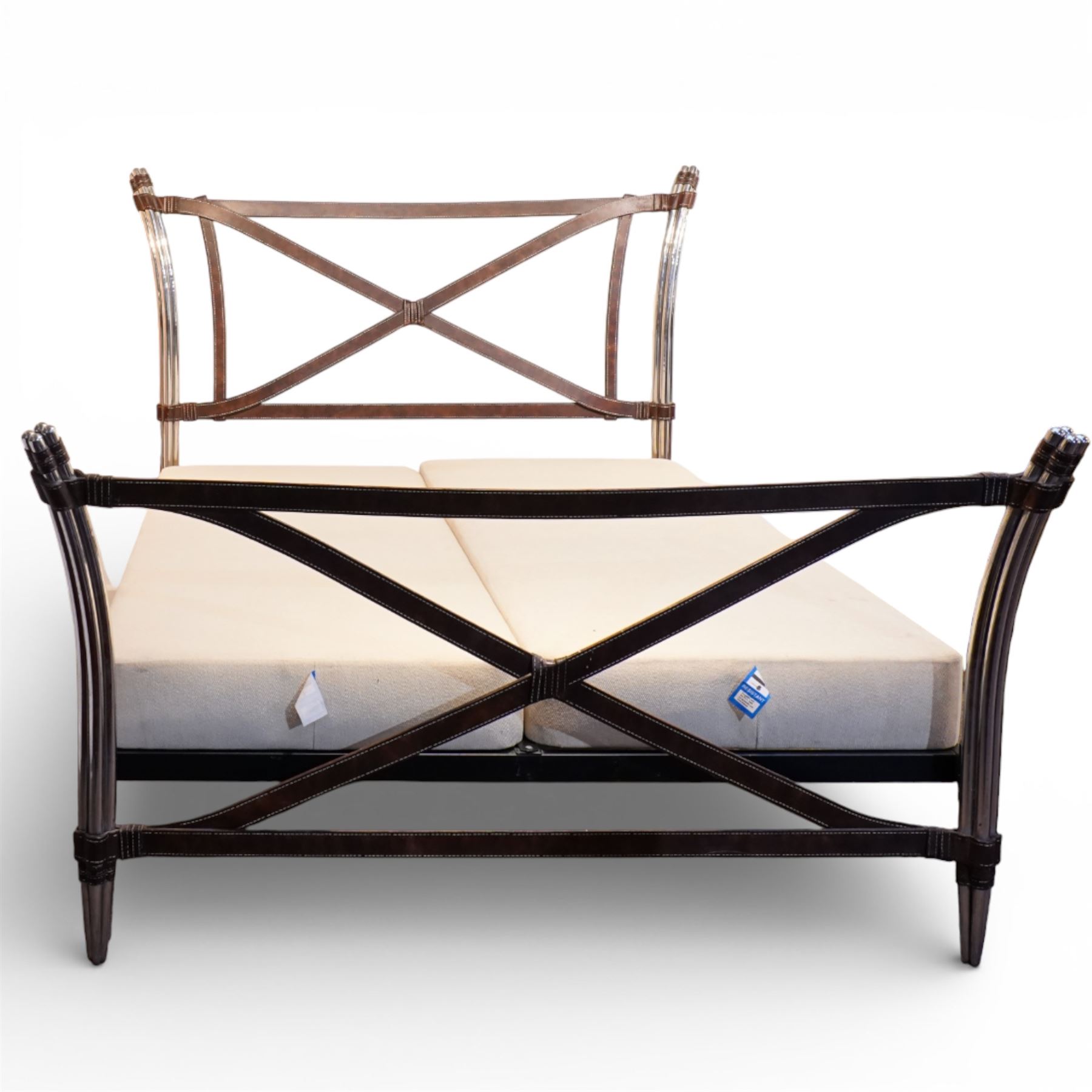 And So To Bed - ‘Aphrodite’ 5' king size bedstead, chrome finished frame with cylindrical uprights, trompe l’oeil leather cross-braced headboard and footboard with X-frame stretchers, on tapering chrome supports