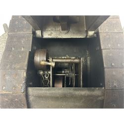 Large clockwork model of a WW1 Tank made of tin-plate and aluminium, with moving side cannons, the clockwork chain driven movement driving the articulated tin tracks; L28.5cms  W16.5cms and H13.5cms