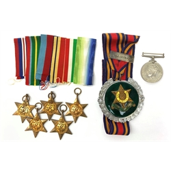  A group of WWII medals, comprising Pacific Star, Africa Star, Atlantic Star, Italy Star and The 1939-1945 Star, together with a War Medal 1939-1945, and Burma Star Association car badge.  