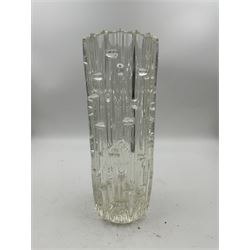 Sklo Union clear glass labrinth vase by Frantisek Vizner, together with two Luminarc geometric cranberry glass vases,Whitefriars style vase in the tangerine colourway, and one other 