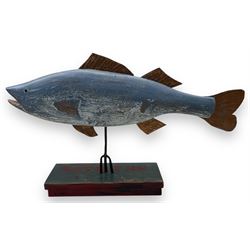 John Thornton (Northern British 1944-): 'Seabass', carved and painted driftwood sculpture, signed and titled to base, H35cm W56cm D10.5cm