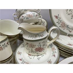 Minton Jasmine pattern tea and dinner wares, including dinner plates, sauce boats, side plates, bowls, teacups, coffee cans and twin handled soup bowls, etc (122)
