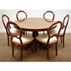  Victorian style mahogany circular tilting dining table, tapering column support on scrolled feet (D122cm, H73cm) and six balloon back chairs, carved cresting rail, serpentine upholstered seat, cabriole legs (W43cm) (7)  