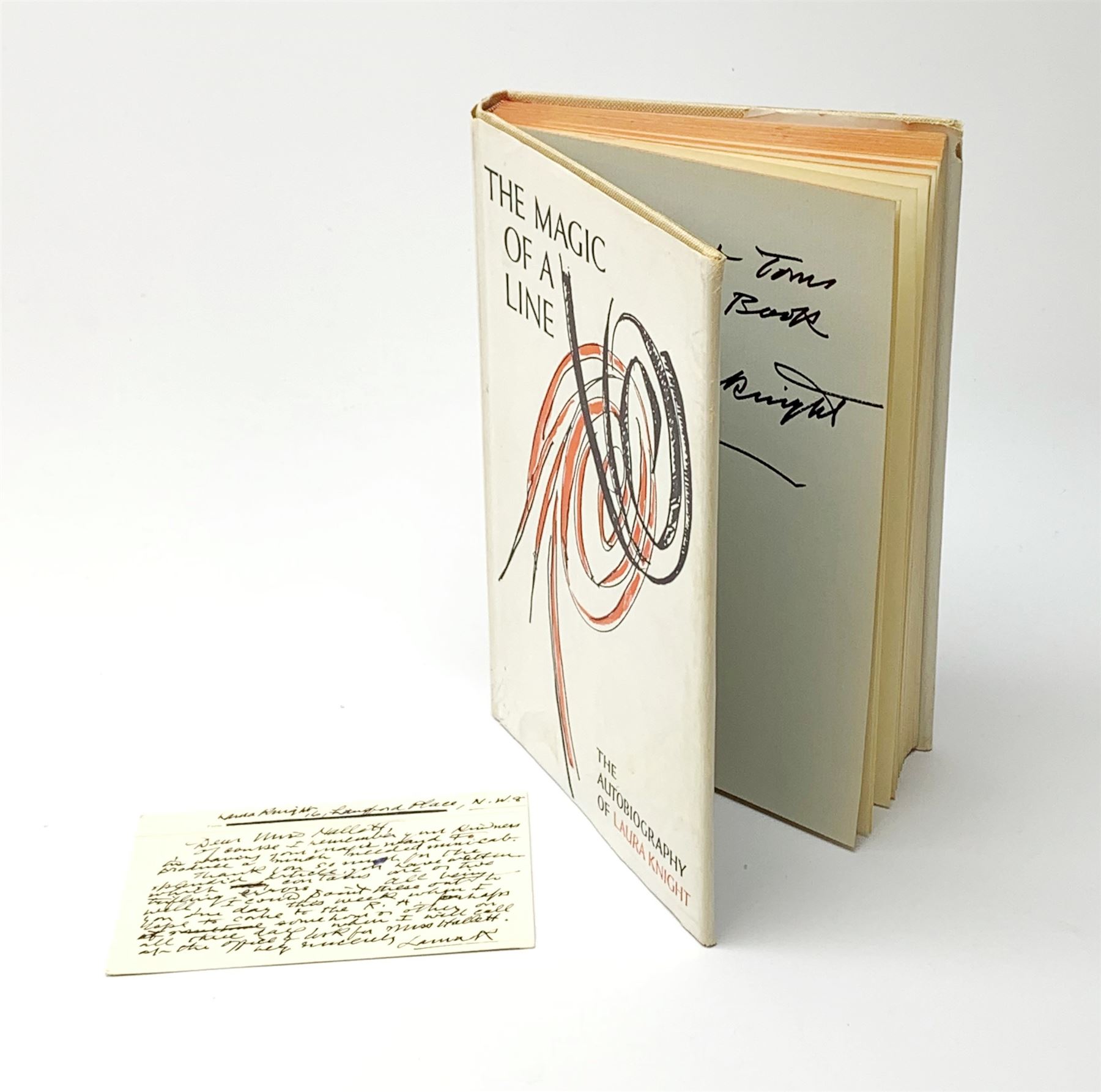 Laura Knight, The Magic of a Line, The Autobiography of Laura Knight, 1965, William Kimber, London, signed in black pen by Laura Knight, together with a postcard signed Laura K. 