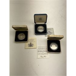 Three The Royal Mint United Kingdom silver proof crown coins dated 1980 'Her Majesty Queen Elizabeth The Queen Mother 80th Birthday', 1981 'Commemorating The Marriage of His Royal Highness The Prince of Wales and Lady Diana Spencer', 1990 'Her Majesty Queen Elizabeth The Queen Mother 90th Birthday' and three Falkland Islands 1981 silver proof crown coins 'Commemorating The Marriage of His Royal Highness The Prince of Wales and Lady Diana Spencer', all cased with certificates (6)