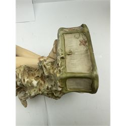 Pair of Royal Dux figures, no. 1115, modelled as a shepherd with a goat by his side and a shepherdess feeding a lamb, each wearing flowing green and pink robes with gilt detailing, with pink triangle mark beneath, H51cm