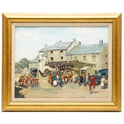 Florence Hopper (East Yorkshire 20th century): 'Market Day - Hawes', oil on board signed, titled on label verso 34cm x 44cm