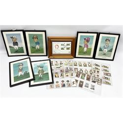 After Kevin Smith; six framed caricature prints of jockeys, Jockey and horse racing related cigarette cards and a framed 200th Derby first day cover 