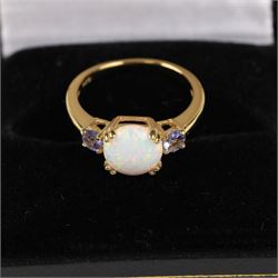 Silver gilt opal and tanzanite ring, boxed
