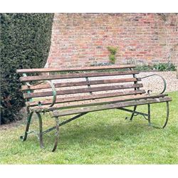 19th century scrolled wrought iron park bench with teak slatted seat and back. H76cm, L183...