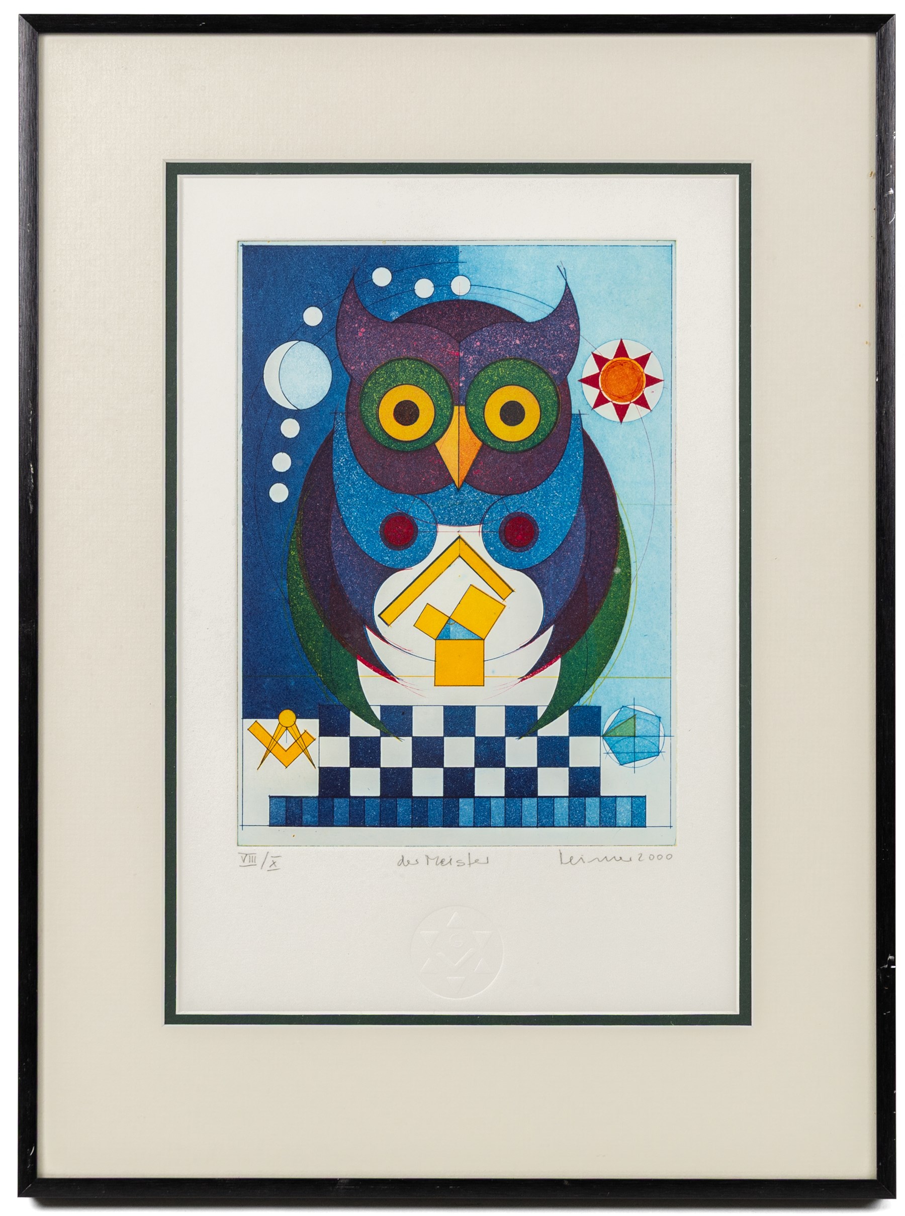 Hans-Joachim 'Jockel' Reisner (German 1938-2023): 'The Master' and 'Libra', two coloured etchings signed titled dated 2000 and 2001, one numbered 8/10 in pencil and stamped with blindstamp max 21.5cm x 15.5cm (2)
Notes: Reisner is best known for creating the Bradford City Fire Memorial in 1986. His style of printmaking is characterised by geometric lines and shapes, influenced by his degree in engineering.