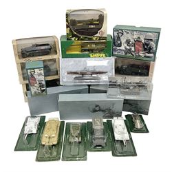 Various makers - twenty-two military models - three Britains Nos.17141, 00288 & 17386; five Atlas Editions tanks/armoured cars; three Atlas Editions DeAgostini warships; EG German troop carrier; two x Verem models; and eight periodical issue models; all boxed/blister packed (22)