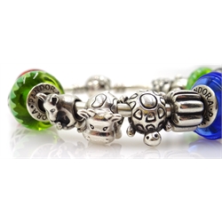  Pandora silver clasp bangle with eighteen Pandora charms, all stamped 925 ALE    