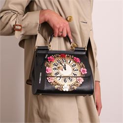 Dolce & Gabbana - 'Sicily Clock’ Medium Bag, from the Fairytale collection (Autumn/Winter 2016), in structured black textured leather, the front elaborately applied with a jewelled clock-face motif and floral embellishments, with top handle and detachable shoulder or crossbody strap, a limited production piece, unused with original box and dust bag