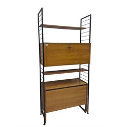 Staples Ladderax - mid-20th century teak and metal framed modular wall unit, fitted with central fall-front cupboard enclosing correspondence dividers, over secondary separate teak fall-front cupboard, adjustable shelf to top