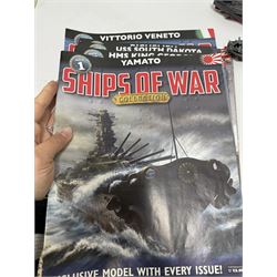 Ten Warships of WWII 1:1000 scale models with ten corresponding issues of Ships of War magazines, comprising Issue 1 Yamato, Issue 3 Bismarck, Issue 4 HMS Prince of Wales, Issue 5 USS Massachusetts, Issue 6 Tirpitz, Issue 7 HMS King George V, Issue 8 Musashi, Issue 9 USS South Dakota, Issue 10 Richelieu and Issue 11 Vittorio Veneto, models in boxes/packaging