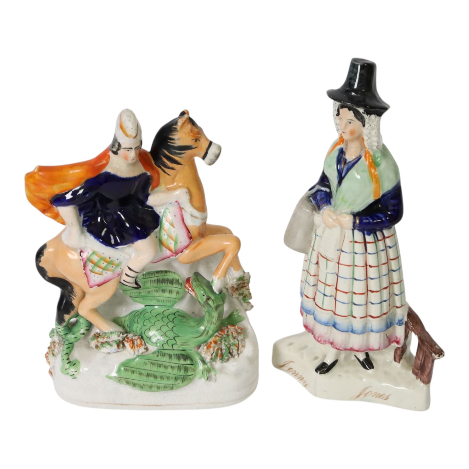 19th century Staffordshire figure group, St George and the Dragon, circa 1850, H22cm, together with a 19th century Staffordshire figure, Jenny Jones, circa 1830-1870, H25.5cm