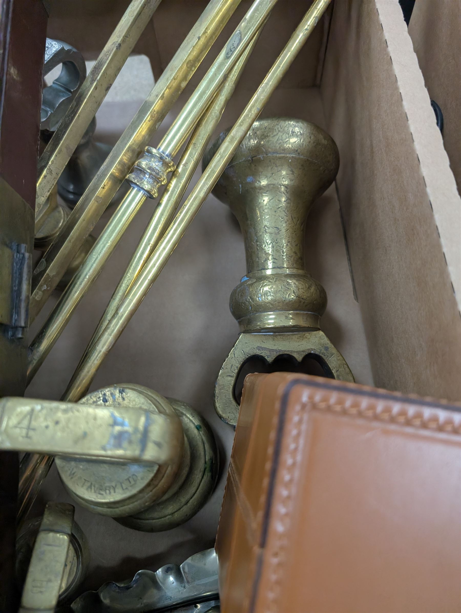 Collection of metalware, including brass weights, fireside tools, sauce boat, etc, together with a chess set, records, two studio pottery lamps etc