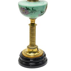 Victorian brass table oil lamp with painted green glass reservoir, another with blue glass reservoir and one other lamp (3)