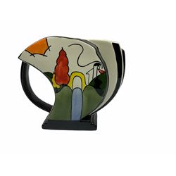 Lorna Bailey Old Ellgreave Pottery, comprising teapot in beach design, circular jar in house and path design, shell jug in Bridge and stream design, squat jug in Pagoda design and plate decorated with an Art Deco woman, all with printed and painted marks. 